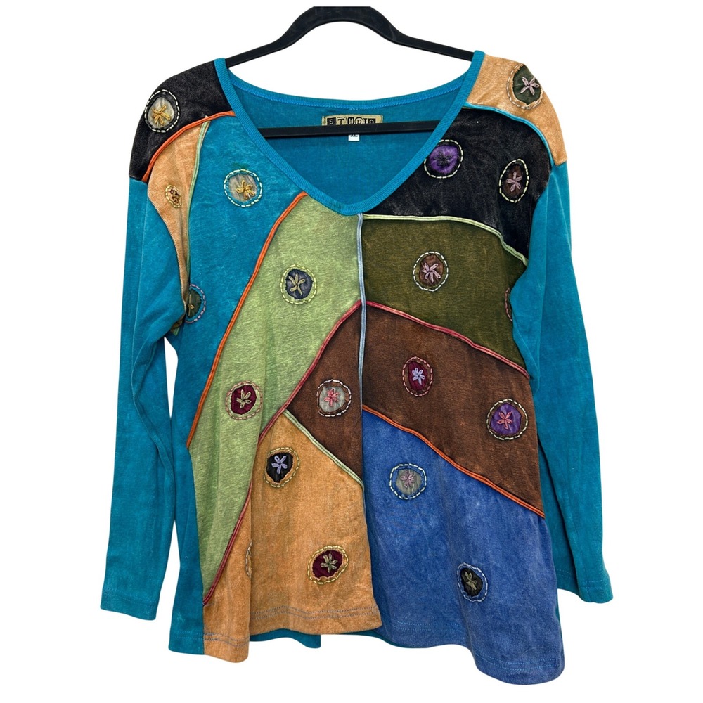 Patchwork Top Womens XL Teal Multi Embroidered Cotton Long Sleeve Artisan Boho